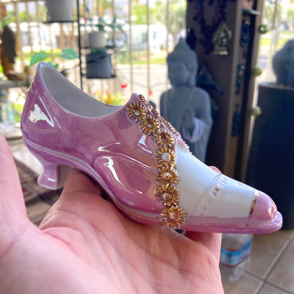 Vintage Victorian Hand Painted Porcelain Shoe Opalescent Pink Gold White Signed
